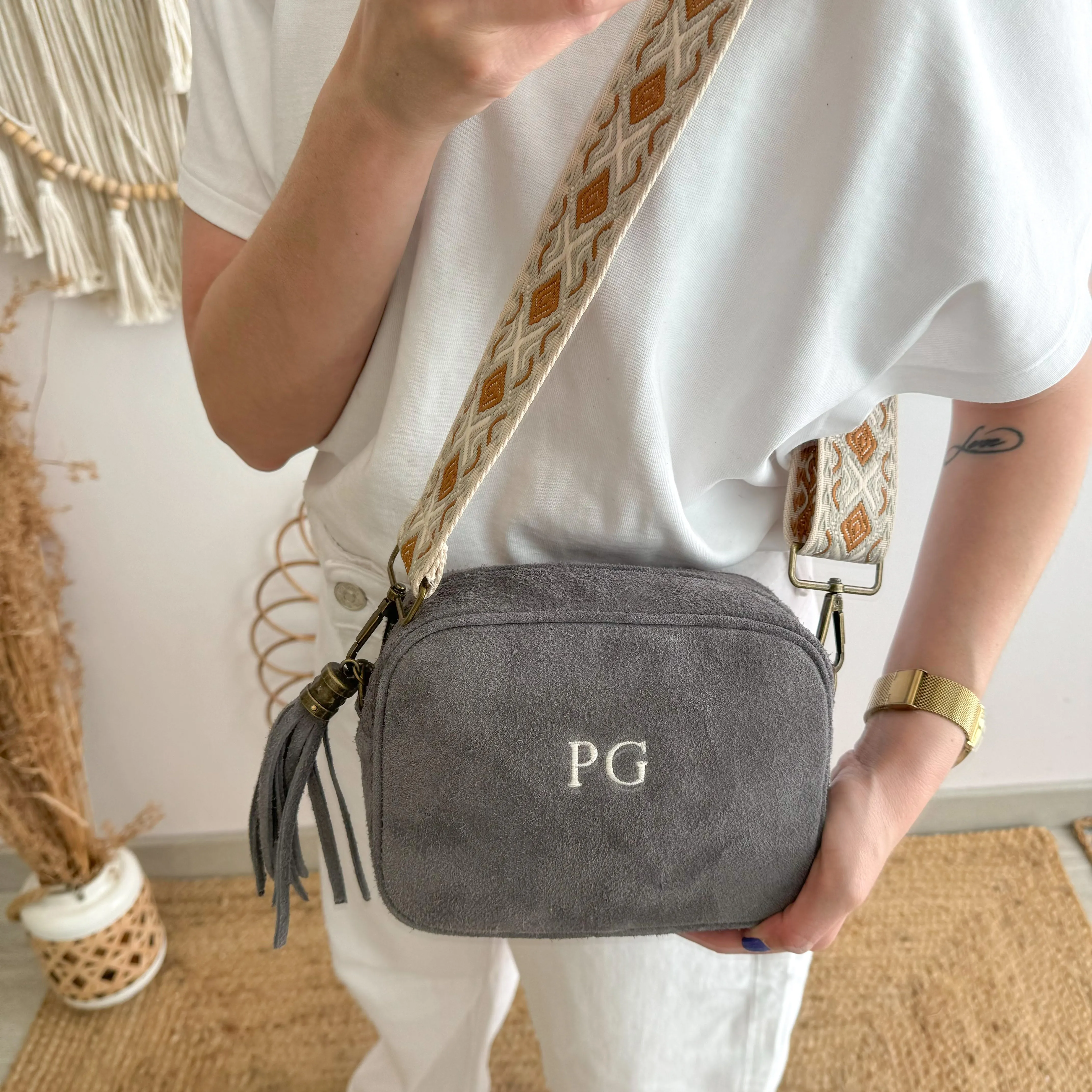 Bolso rectangular ante gris personalizado