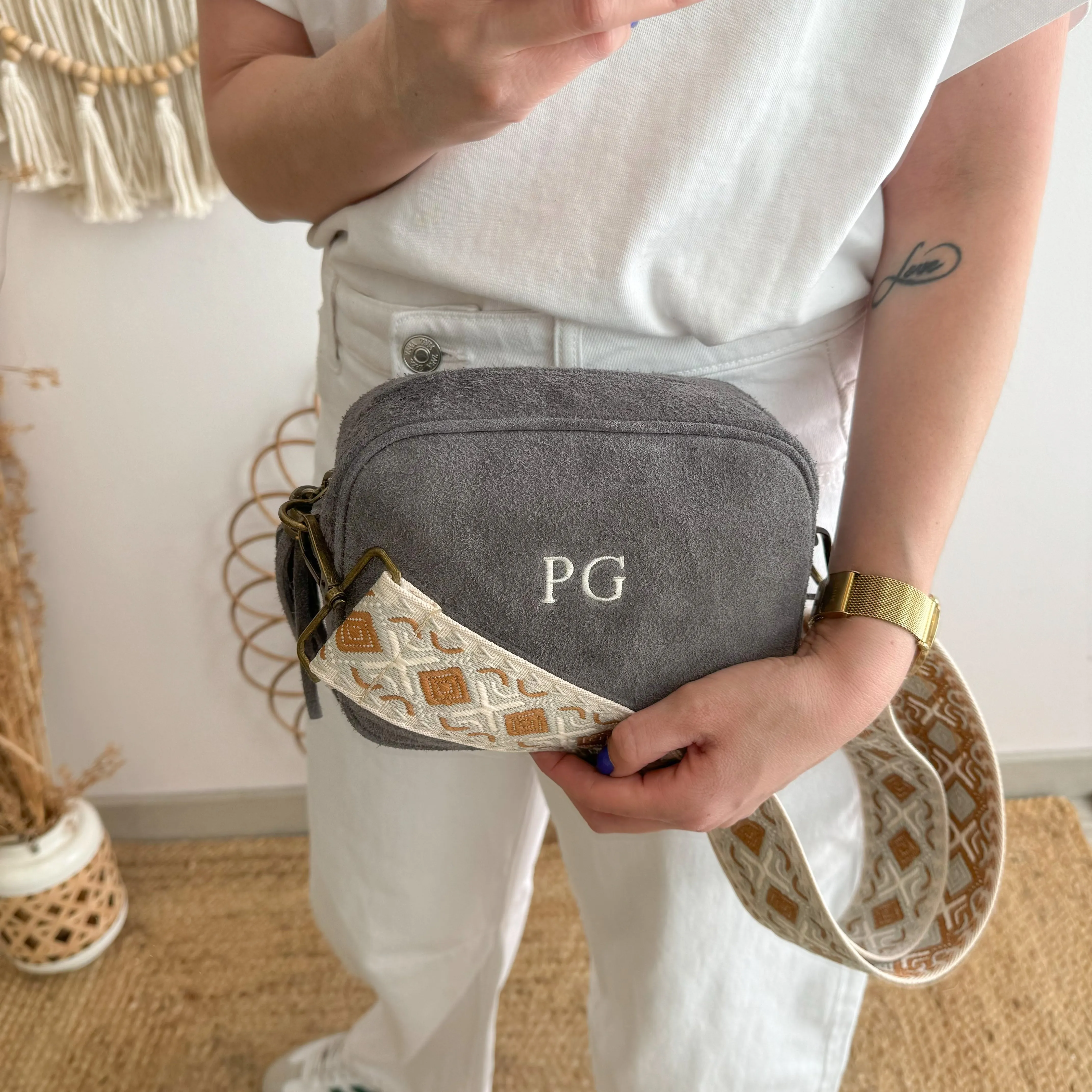Bolso rectangular ante gris personalizado