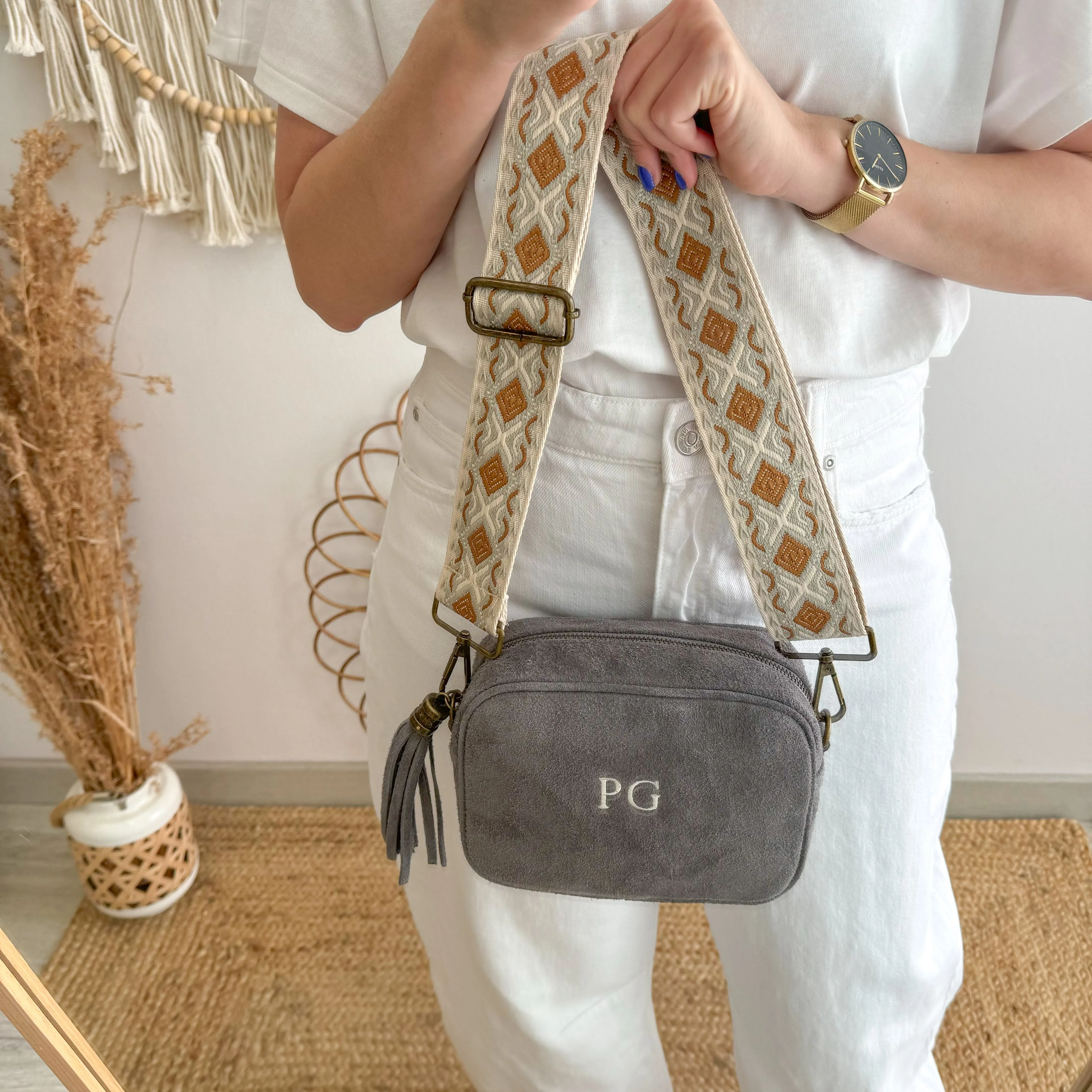 Bolso rectangular ante gris personalizado