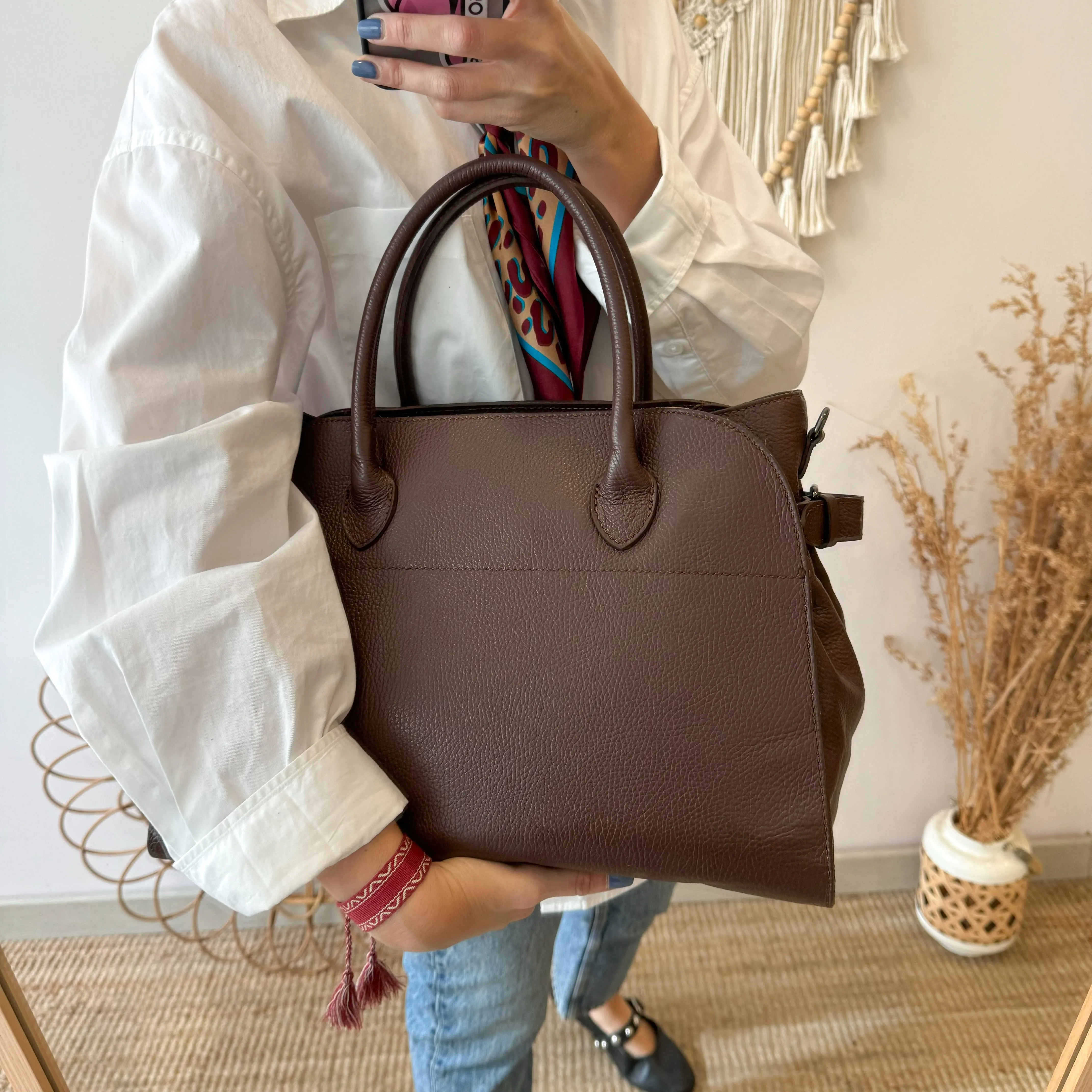 Bolso shopper hebillas piel marron chocolate
